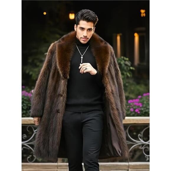 Men's Faux Fur Coat Winter Long Faux Mink Coat Fluffy Thick Trench Coat - Picture 2 of 6